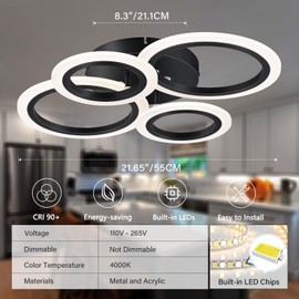 ZUYURT Modern LED Ceiling Light, 4 Rings Flush Mount Ceiling Lighting Fixtures, Black LED Ceiling Lamp for Kitchen, Bedroom, Living Room, Laundry Room, 4000K