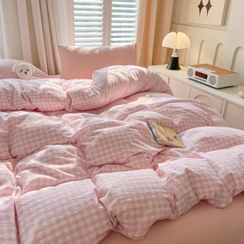 Gingham Duvet Cover Set Queen Size Pink Plaid Grid Checkered Bedding Set 3 Pcs Soft Washed Microfiber Comforter Cover with Zipper Ties