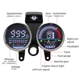 Motorcycle Speedometer Digital Speedometer for Motorcycle MPH Moto Gauge Cluster with Tachometer 13000r/min Odometer Fuel Indicator 6 Gear Compatible for Suzuki GN 125