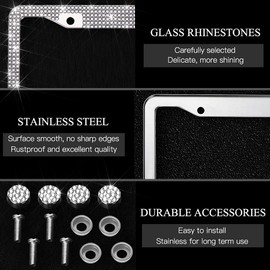 OTOSTAR 2 Pack Bling License Plate Frame with Ribbon Bow, Handcrafted Shiny Rhinestones Premium Stainless Steel 2 Holes License Plate Holder with Anti-Theft Screws Caps Set (White/Pink Bowtie)