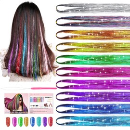 Mckanti Kit De 10 Colores De Oropel Para El Cabello Con Herramienta Extensiones De Cabello De 119 Cm Y 2000 Hebras Para Mujeres Y Niñas Cabello Sintético Brillante Y Colorido Con Purpurina P