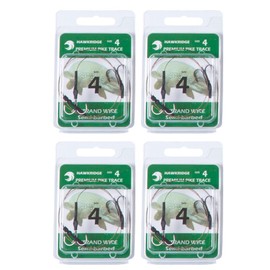 HAWKRIDGE - 4 x Predator BARBED Pike Snap Tackle Double Hook Bait Rig 30cm Trace Using American 7x7 Wire Strands - Available in Size 4, 6 or 8 (4 x size 4 hook)