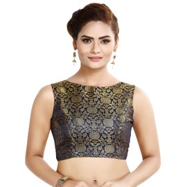 Madhu Fashion Blusa tradicional de sari sin mangas con brocado de banaras para mujer, Azul marino, 42