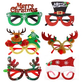 Xunerloy 6PCS Christmas Glasses Novelty Plastic Xmas Party Glitter Glasses Frame Funny Christmas Decorations for Holiday Fancy Party Costume Photo Booth Prop for Kids Adults Favors