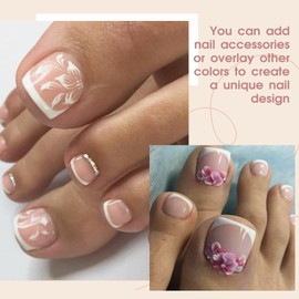 French Fake Toe Nails Set - 240Pcs Short Square False Toenails Kit - Nude French Tip Stick On Toenails With Glue - Glossy Full Cover Acrylic Stick On Nail For Women Girls Nail Art DIY Decorations