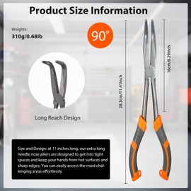 1 Piece Set of 11 Inch Long Handle Pliers - Long Needle Nose Pliers Set - 90° Curved, Designed for Machinists, Technicians and Contractors｜Mill Jaws | Steel