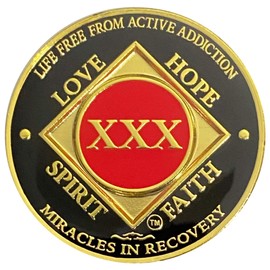 30 Year NA Gold Color Plated-Medallion, Recovery Chip, Narcotics Anonymous Coin (Red & Black)