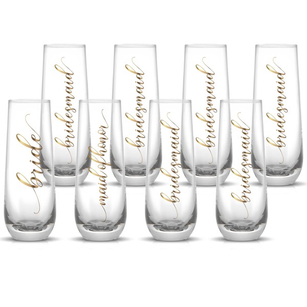 LADY&HOME Bridesmaid Stemless Champagne Flutes Set of 8, 10oz Bride