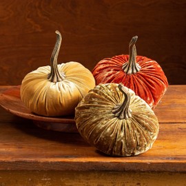 Set of 3 Velvet 6.25 Inch Pumpkins, classic orange pumpkin, Thanksgiving centerpiece, elegant luxe accent for the home, fall bookshelf decor, gift set for friend (Luxe Brass, Luxe Burnt Orange, Gold)