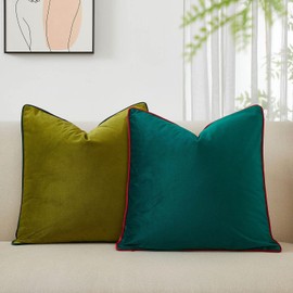 JUSPURBET Set of 2 Olive Velvet Decorative Pillow Covers 18x18 Inch Plush Accent Cushion Cases with Piping and Hidden Zipper for Sofa Couch Living Room Decor
