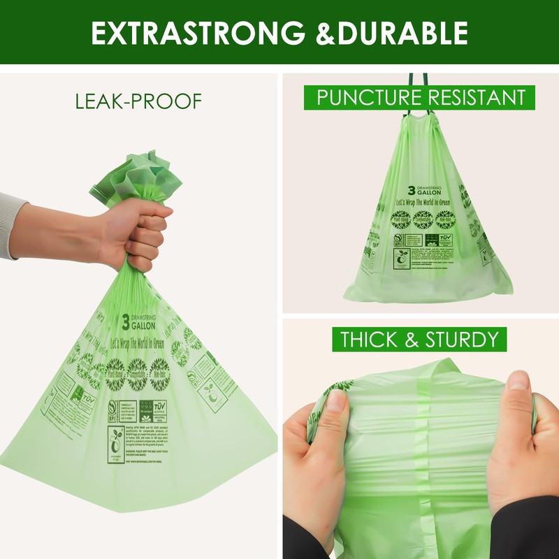 3 Gallon Compostable Trash Bags with Drawstring, Heavy Duty Extra