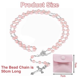 JOOTUEPO Rosary Beads Catholic, Pink Pearl Rosary Beads Catholic Necklace Glass Beads Necklace with Crucifix Charms Rosary Beads Necklace Prayer Beads Necklace Catholic Rosary Necklace