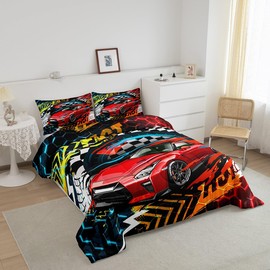 jejeloiu Racing Car Comforter Set Twin Size Kids Race Soprts Car Comforter for Boys Girls Teens Extreme Sports Bedding Set Breathable Red Honeycomb Buffalo Check Duvet Set Room Decor Quilt Set