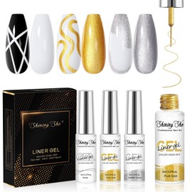 Shining She Liner Semi-Permanent Nail Polish, 3 Colors Gold Silver White Semi-Permanent Liner Gel Nail Polish, UV Soak-Off Suitable for Female Family Nail Art, Gift Set for Women, 8ML