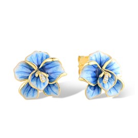 Santuzza Orchid Earrings 925 Sterling Silver White Cubic Zirconia Enamel Blue Flower Stud Earrings for Women