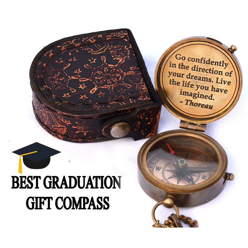 Solid Brass Thoreau's Go Confidently Quote Engraved Compass with Wooden