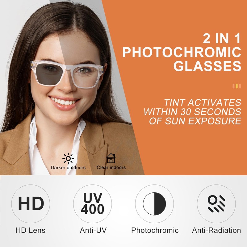 OuShiun Photochromic Progressive Reading Glasses for Women Men, Transition Multifocal