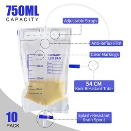 Xiaozhifu Pack of 5 750 ml Urine Bags, Urine Bag Leg Bag, Urine Drainage Bag with Tube Catheter Bag with Valve T-Outlet and Fabric Straps