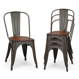 DORTALA Dining Chairs Set of 4, Metal Stackable Dining Chairs w/Wood Seat and Rubber Protectors, Kitchen Side Chair, Comfortable Backrest Dining Chairs for Dining Room, Kitchen, Grey