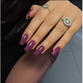 KQueenest Berry Purple Press on Nails Long Medium Square, Glossy Gel Medium Fake Nails Press ons, Natural Glue on Nails Medium Coffin, Solid Color Full Cover Acrylic Nails for Women Daily Wear, 24 Pcs