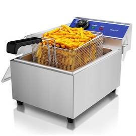 DULONG Commercial Electric Deep Fryer,10.57/10L Countertop Stainless Steel Deep Fryer with Basket,1500W Temperature Control Single Large Tank Fryer for Restaurant Home Kitchen