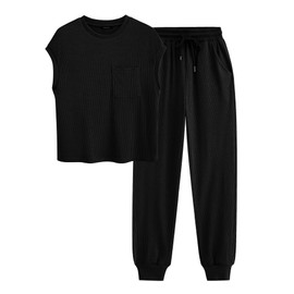 BTFBM Womens Two Piece Outfits Tracksuit Sets Ribbed Knit Tops And High Waisted Pants Matching Sweatsuit Set(Solid Black,Large)
