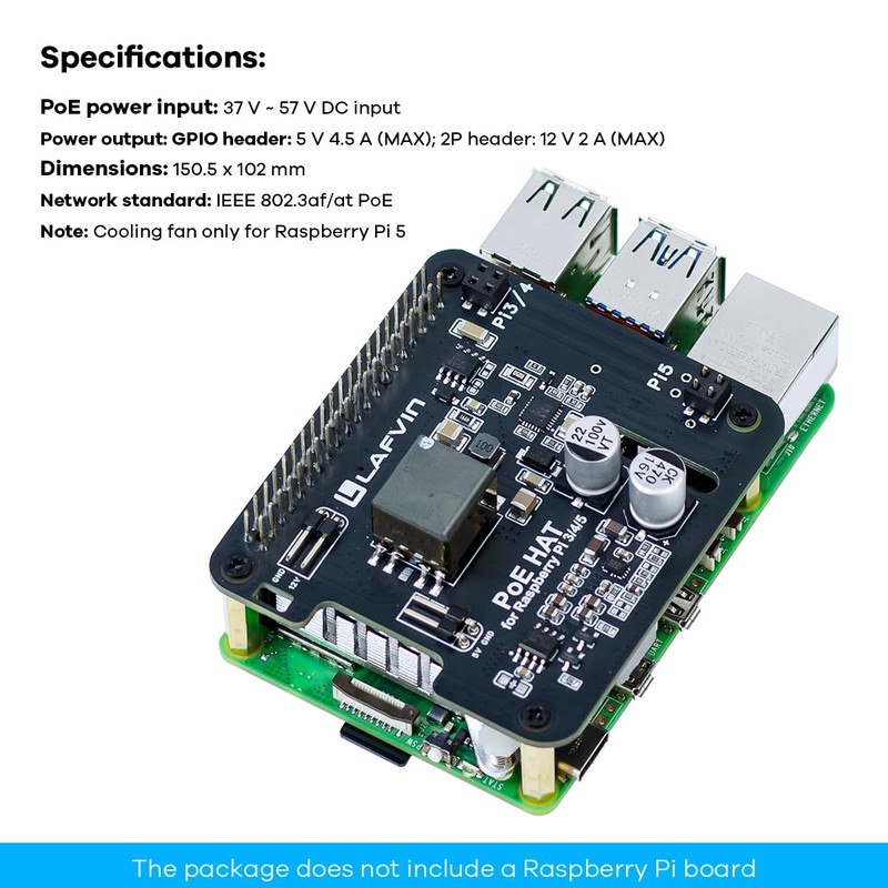 LAFVIN POE HAT for Raspberry Pi 5/4B/3B+, IEEE 802.3af/at Compliant,