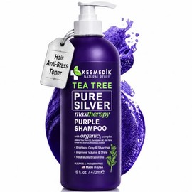 KESMEDIK Champú Morado Con Árbol De Té, Matizador Profesional Anti-Amarillos, Neutraliza Los Tonos Amarillos En Cabello Gris, Plateado, Ceniza Y Con Mechas Decoloradas, Alivia El Cuero Cabelludo Seco