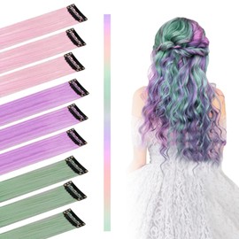 9 x Clip-In Coloured Hair Extensions, 21.7 Inch Colourful Clip-In Hair Extensions for Women, Multicoloured Synthetic Straight Hairpieces, Wig Pieces for Women, Colourful Hairpieces