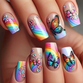 Rainbow Butterfly Press on Nails Medium Square Fake Nails Pink Smudge Design False Nails Glossy Purple Butterfly Flower Glue on Nails Spring and Summer acrylic for Women Nails Decoration 24Pcs
