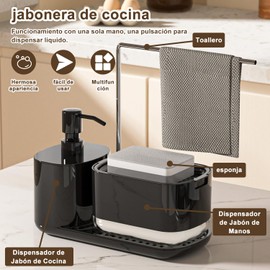 AMZYYDS jaboneras para Cocina 4 en 1,Dispensador de Jabon Cocina,Dispensador Jabon Cocina,jabonera para Cocina, jabonera Cocina,con Toallero y Soporte de Esponja para Fregadero(Negro)