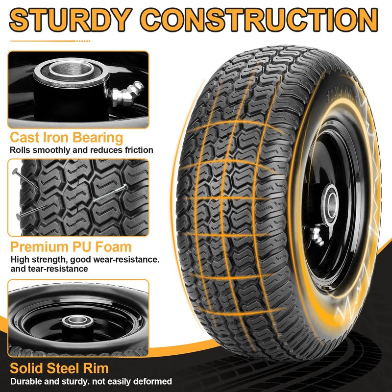 11x4.00-5 Flat Free Lawn Mower Tires, Zero Turn Mower Front