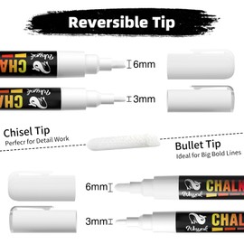 WISYOK WISYOK 6pcs Kreidestift mit 45 Etiketten, Kreidemarker Weiss, Whiteboard Marker Weiß, Weißwandstifte, Flipchart Stifte, Kreidestifte für Tafel Abwaschbar - 3mm & 6 mm Wendespitze