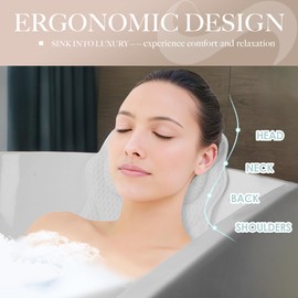 Joeyset Luxury Bathtub Pillow, 4D Air Mesh Fabric for Breathability & Quick-Drying, Extra Thick Spa Cushion for Head, Neck, Back Support, Non-Slip Tub Pillow with Strong Suction Cups, White