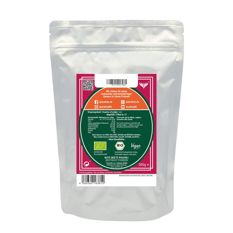 Azafran Organic Beetroot Powder - Beetroot Dried Ground 500 g