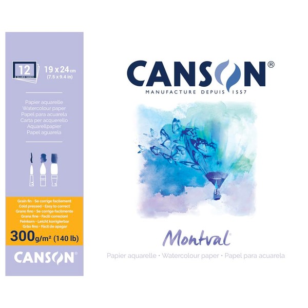 CANSON Montval - Bloc 12 feuilles papier aquarelle - Grain fin - 19 x 24 cm - 300g/m²