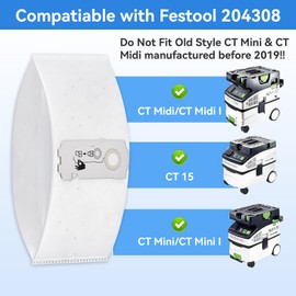 10 Pack 204308 Vacuum Bags for Festool CT Mini CT MIDI Yom 2019 onwards, Dust Collector Bags Dust Extractor Accessories Vacuum Replacement Filter Bags
