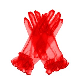 QRBTSCL Women's Ruffled Tulle Mesh Gloves for Wedding, Party, Short Prom, Evening - Red, One Size