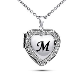 KunBead Jewelry Daughter Birthday Picture Locket Necklace for Men Heart Love Letter M Name Necklace with Initial on it