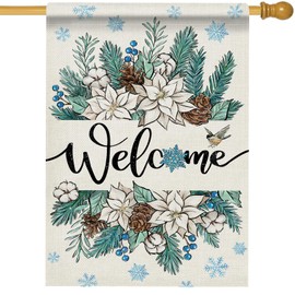 Hzppyz Welcome Winter Poinsettia House Flag Double Sided, Pine Cone Floral Flower Decorative Garden Yard Outdoor Large Decor, Snowflake Bird Christmas Burlap Home Outside Decoration 28 x 40