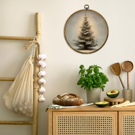 QZQE Vintage Christmas Tree Round Wall Art Decor Framed, Winter Xmas Tree Circle Canvas Prints, Rustic Cozy Winter Cottagecore Circular Wall Hanging Decor for Home Bedroom Living Room, 10x10 Inch