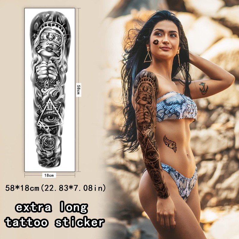 46 Sheets Full Arm Temporary Tattoos Waterproof For Men(L22.8“xW7”), Fake
