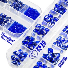 2630Pcs Blue Nail Rhinestones Flatback Royal Blue Sapphire Round Beads Glass Gems Stones Nail Art Gems Diamonds jewels Multi Shapes Sizes Nail Charms for Nails DIY Makeup Crafts Clothes Shoes Jewelry