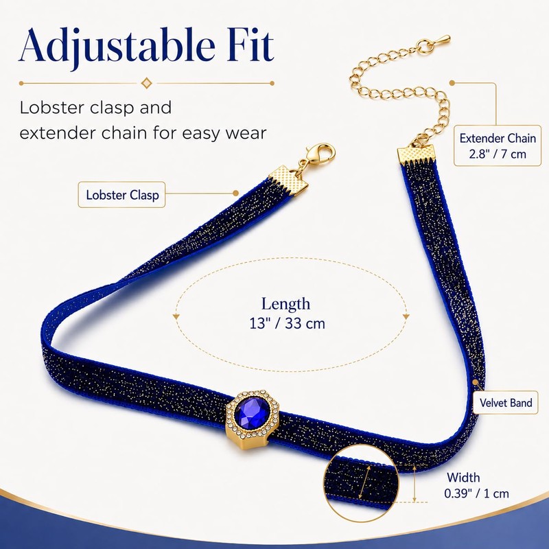 AnalysisyLove Blue Velvet Rhinestone Pendant Choker Necklace for Women