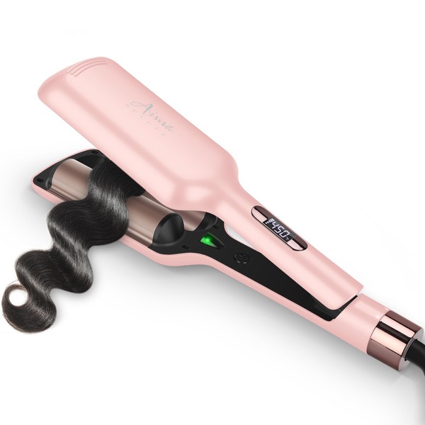 Aima Beauty Twins - Agitadora de pelo de sirena de 32 mm (1.25 pulgadas), rizadora de pelo con ondas antillamadas, rizadora de pelo de 2 barriles para mujer, PTC 15S calienta para cabello corto, medio/largo, color rosa