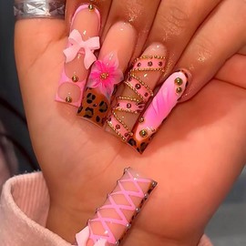 Long Press on Nails Square Fake Nails French Tip False Nails with 3D Bow Line Flower Designs Glue on Nail Glossy Acrylic Nails Full Cover Artificial Stick on Nail for Women 24Pcs