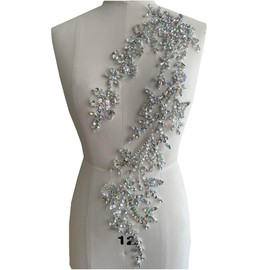 Handmade Shining Acrylic Rhinestones on lace Applique Sewing Beads Stones Trim Patches Accessories for Wedding Dress (Clear AB)