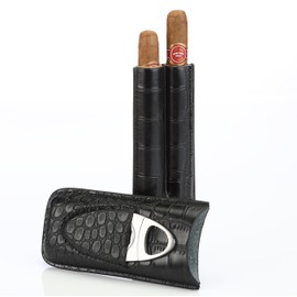 Cross Peak Products Black Leather Cigar Case Holder for 2 Cigars with Cutter Set – Perfect Size for Men Shirt Pockets Golf Cart or Travel - Makes Great Gift with Black Gift Box Included