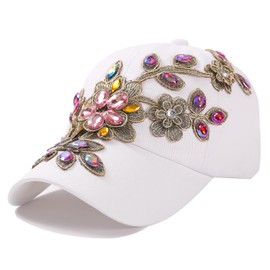 Women Rhinestone Baseball Cap Bejeweled Bling Cap Distressed Denim Sun Hat Adjustable (D-White)