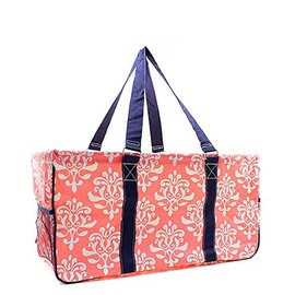Damask Floral All Purpose Large Utility Bag Collapsible Wire Frame Pink Coral
